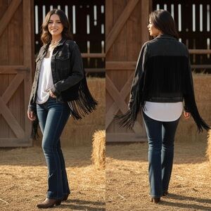 Judy blue - jean jacket with fringe detail black size medium. Jaripeo